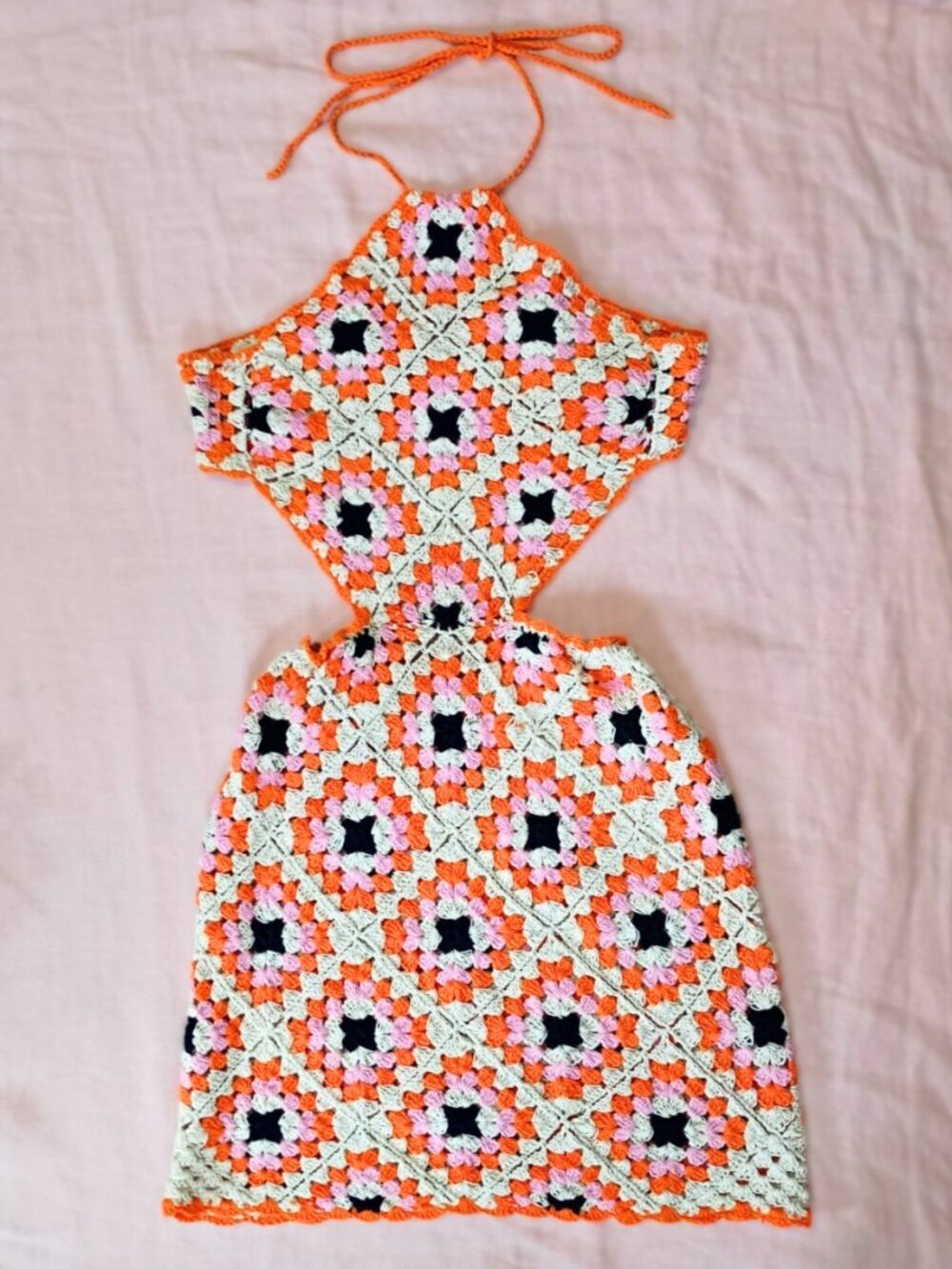 Handmade Crochet Halter Mini Dress | Boho Beach Cover-Up | Size S/M